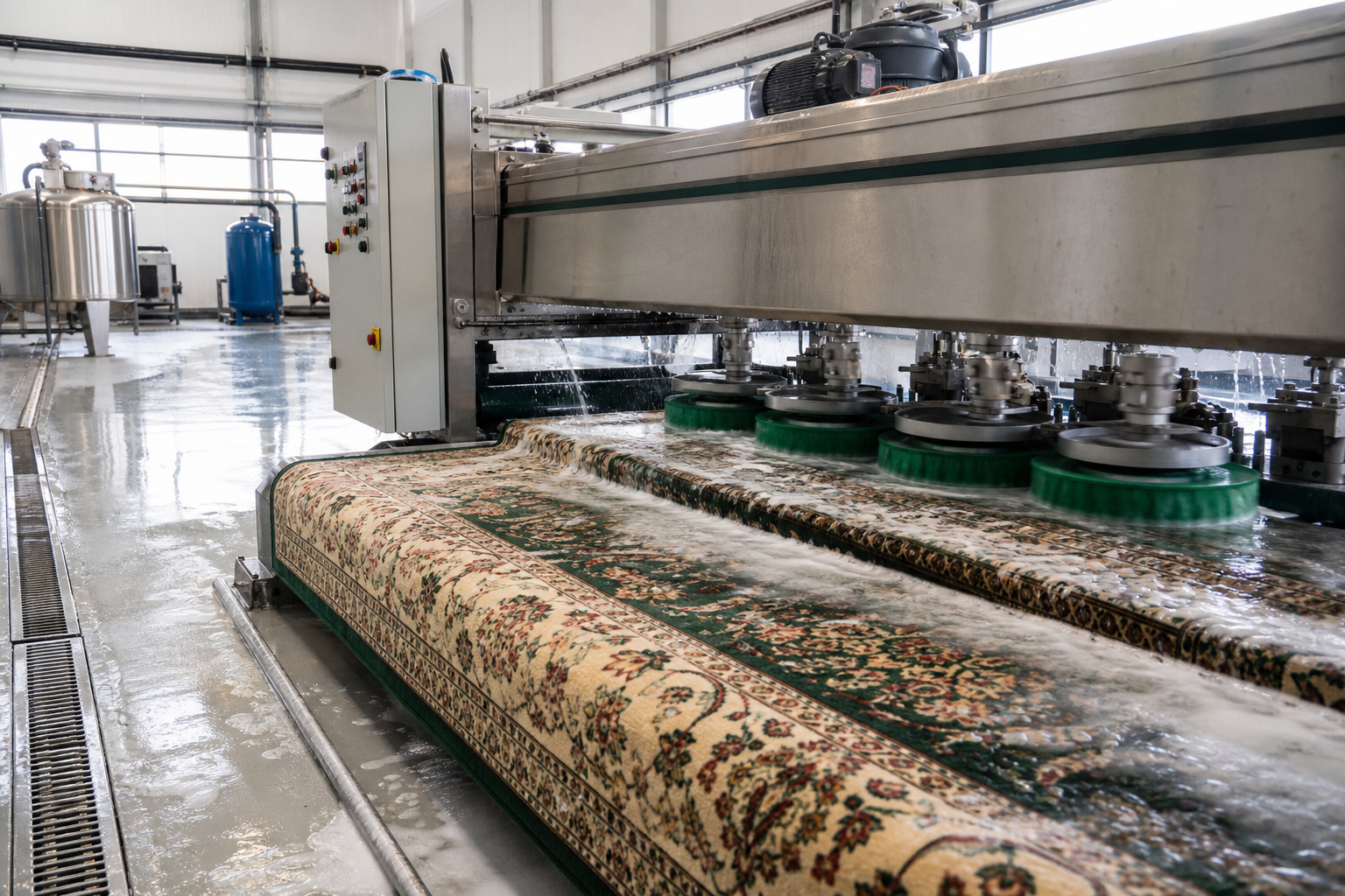Halı yıkama fabrikasında özel halının profesyonel makinelerle yıkanması